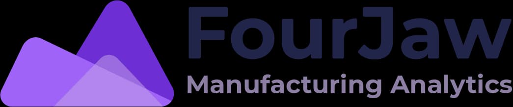 Logo of FourJaw Manufacturing Analytics featuring overlapping purple mountain shapes on the left and the company name on the right.